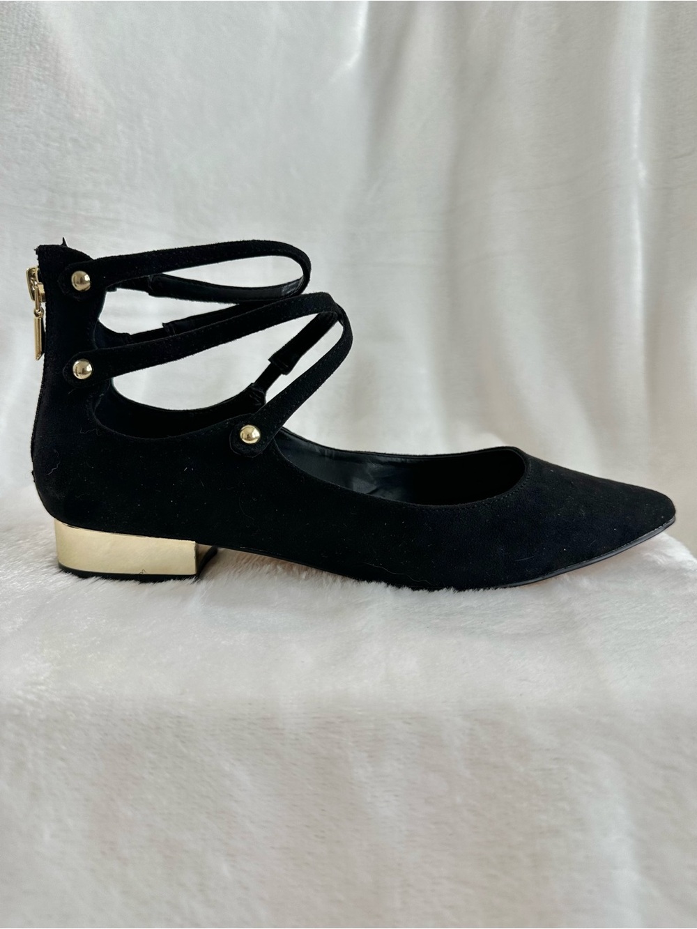 ALDO Marieta Black Suede Ankle Strap Pointed Toe Flats 7.5 - Picture 9 of 10